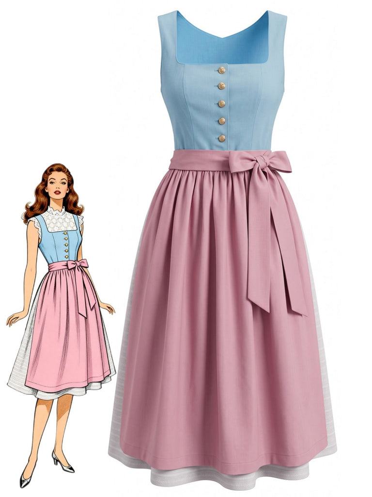 Ensemble 3PCS bleu avec robe sans manches à col carré, tablier rose et top Années 1950
