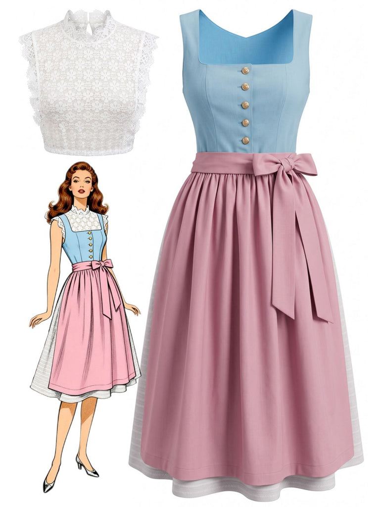 Ensemble 3PCS bleu avec robe sans manches à col carré, tablier rose et top Années 1950