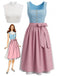 Ensemble 3PCS bleu avec robe sans manches à col carré, tablier rose et top Années 1950