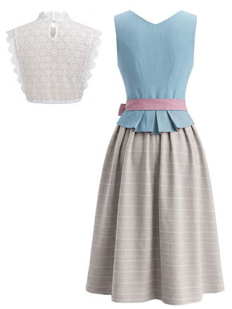 Ensemble 3PCS bleu avec robe sans manches à col carré, tablier rose et top Années 1950
