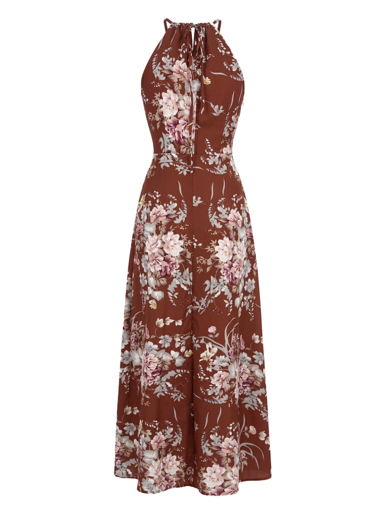 Robe Maxi Fendue Dos-Nu Floral Boho Rouge Années 70