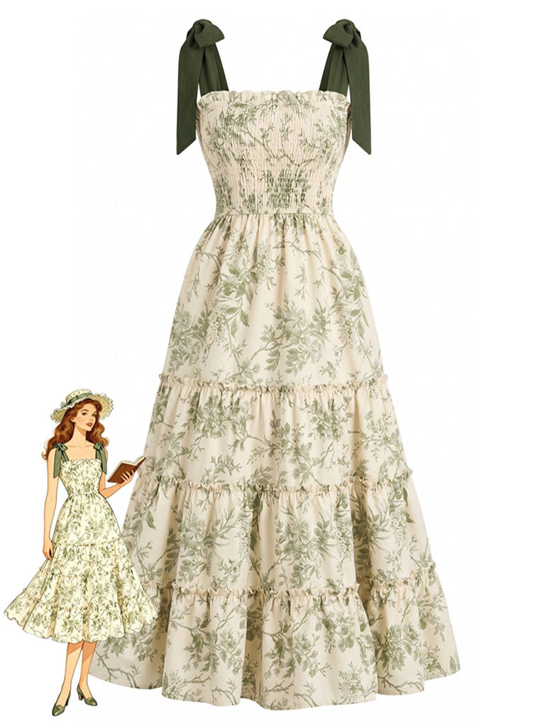 Robe Imprimé Floral Végétal Verte Années 40