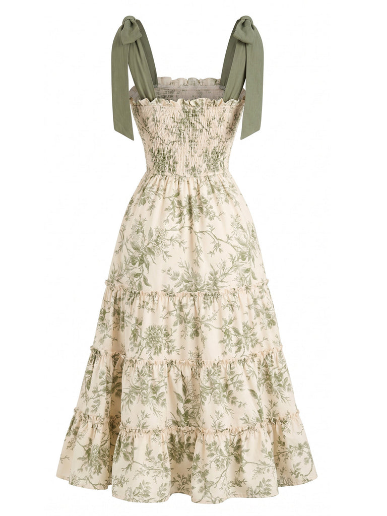Robe à Étages Nouage Épaule Floral Verte Années 40