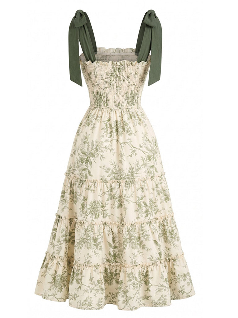 Robe Imprimé Floral Végétal Verte Années 40