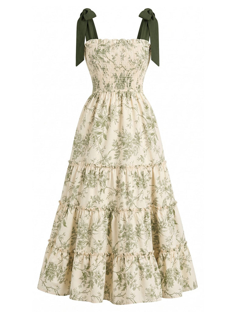 Robe Imprimé Floral Végétal Verte Années 40