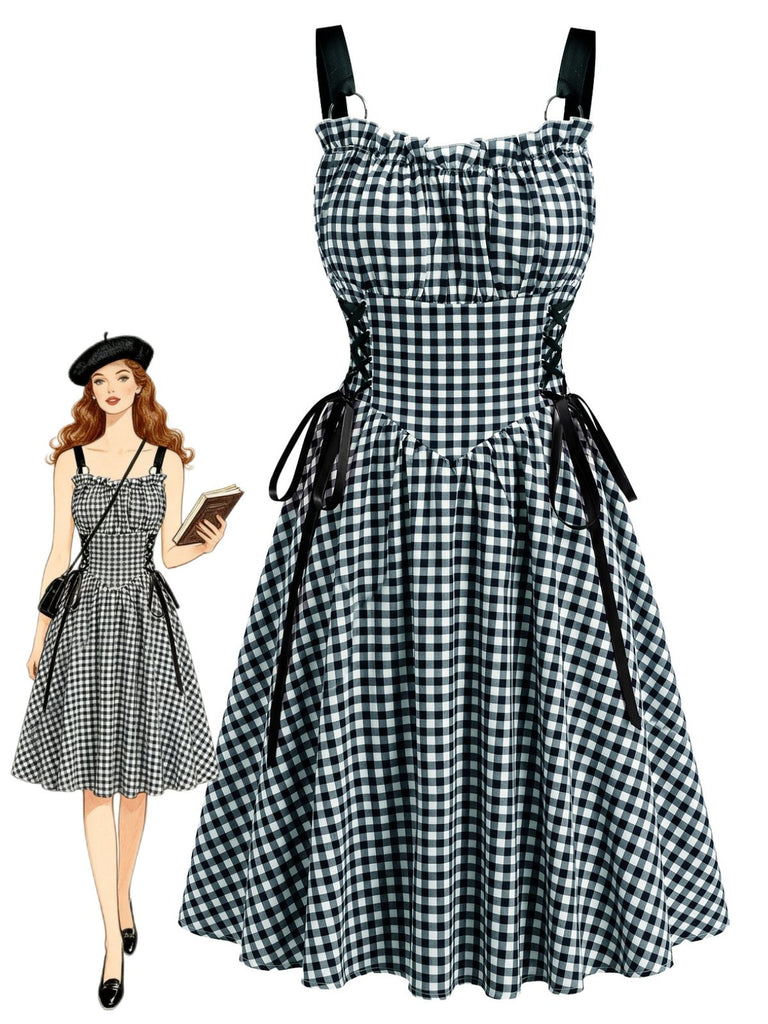 Robe taille haute à larges bretelles, laçage et anneau métallique Années 1950