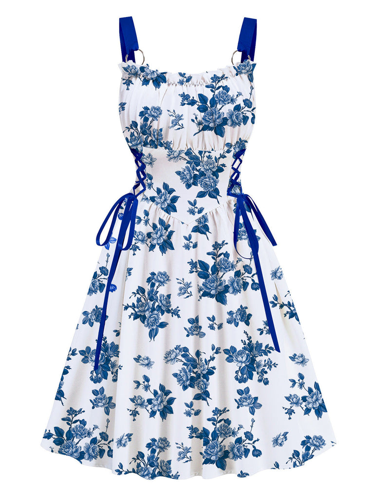 Robe taille haute à larges bretelles, laçage et anneau métallique Années 1950