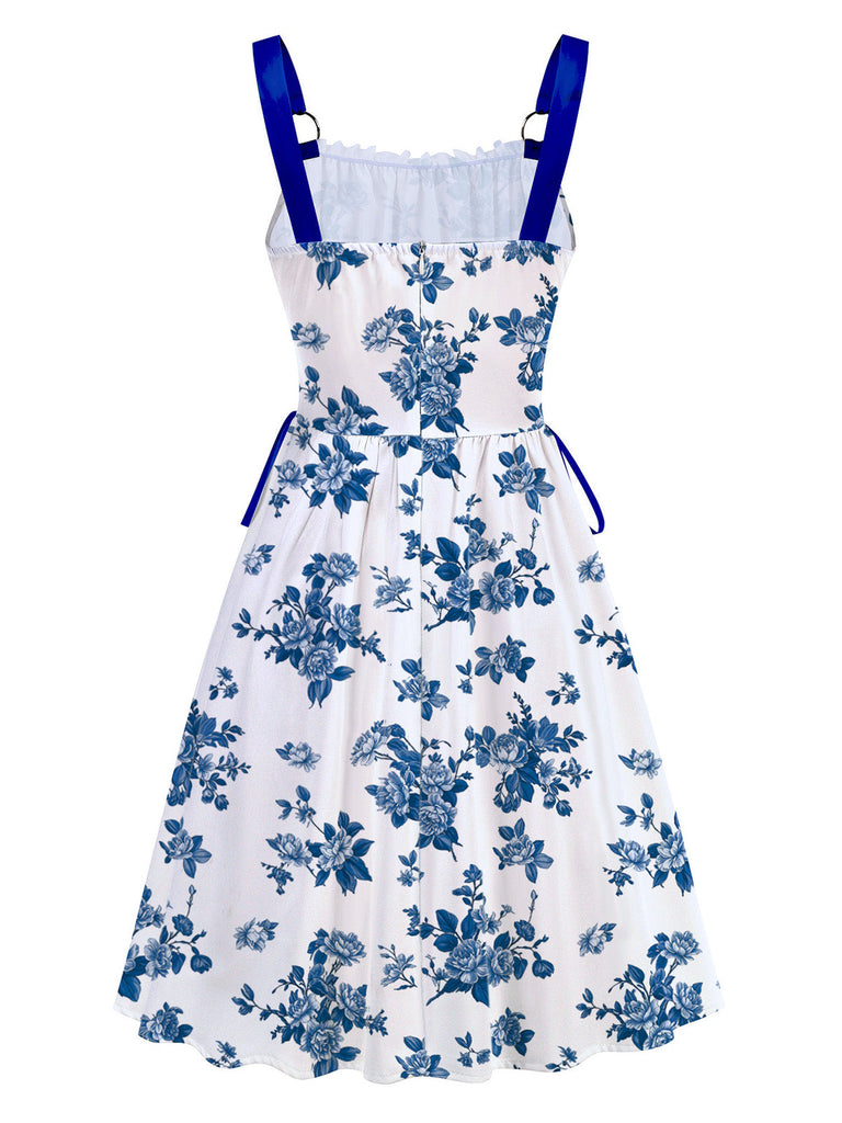 Robe taille haute à larges bretelles, laçage et anneau métallique Années 1950