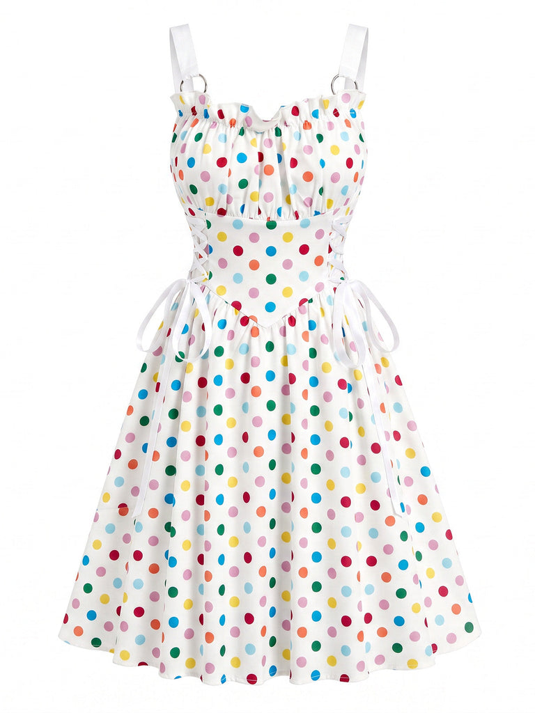 Robe taille haute à larges bretelles, laçage et anneau métallique Années 1950