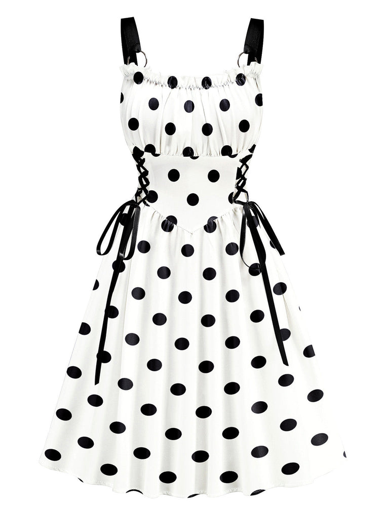 Robe taille haute à larges bretelles, laçage et anneau métallique Années 1950