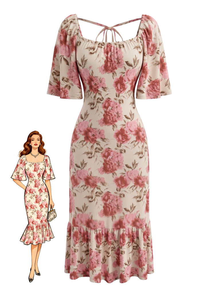 Robe Rose Floral Dos Noué Manches Bouffantes Midi Années 1930