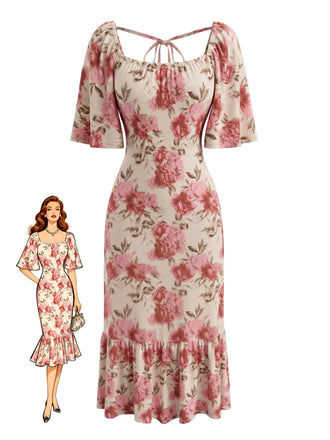 Robe Rose Floral Dos Noué Manches Bouffantes Midi Années 1930