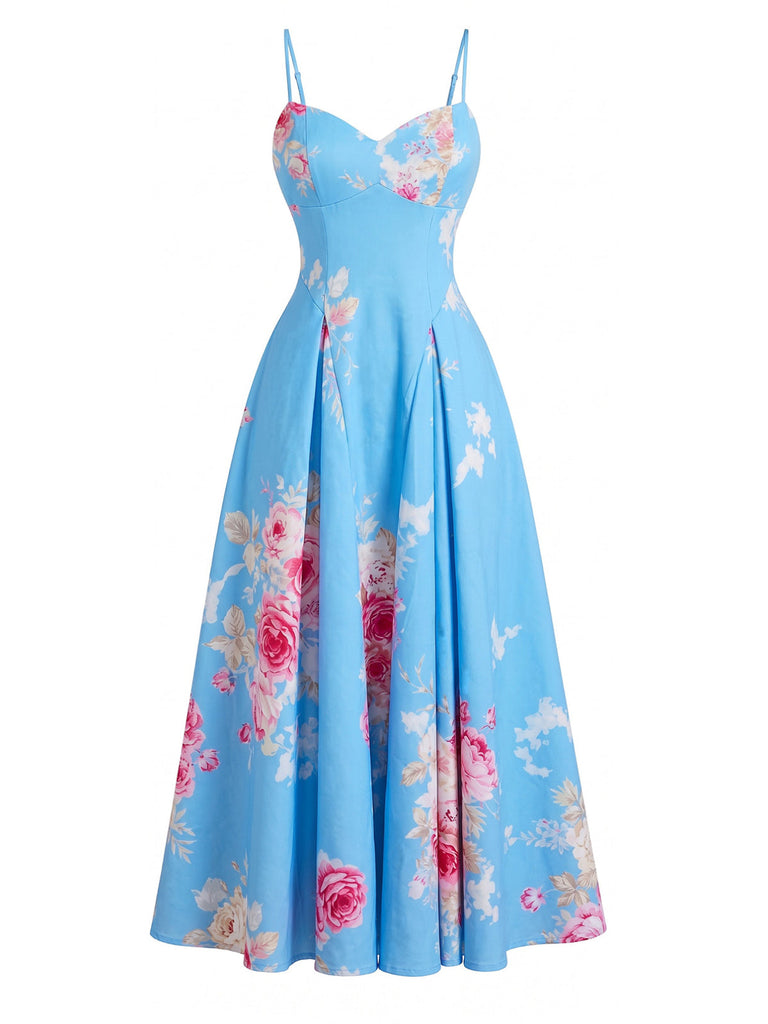 Robe Bretelles Spaghetti Col Cœur Floral Mi-Longue Col Années 1940 2