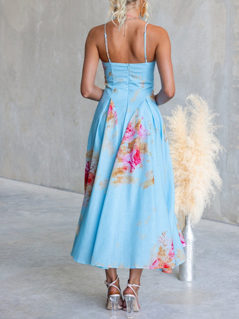 Robe Bretelles Spaghetti Col Cœur Floral Mi-Longue Col Années 1940 3