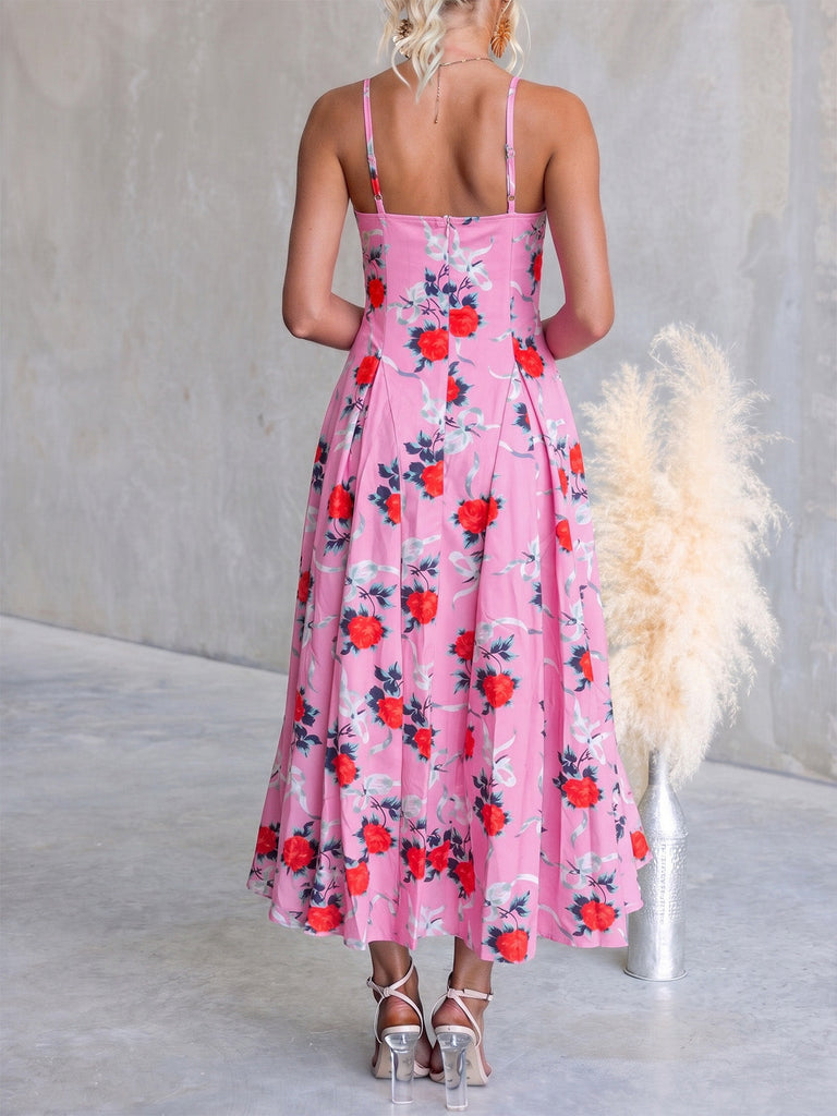 Robe Bretelles Spaghetti Col Cœur Floral Mi-Longue Col Années 1940 5