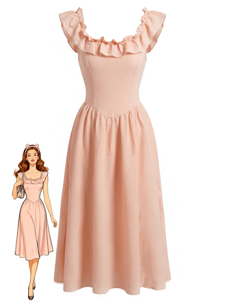 Robe Rose Col Carré Volant Smocké Années 1940