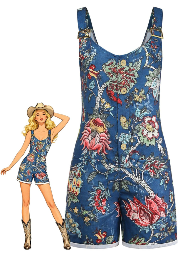 Combishort Boho Floral à Col Carré et Boutons Bleu Années 1970