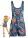 Combishort Boho Floral à Col Carré et Boutons Bleu Années 1970
