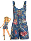 Combishort bleu bohème motif floral encolure carrée et boutonnage à l'avant années 70