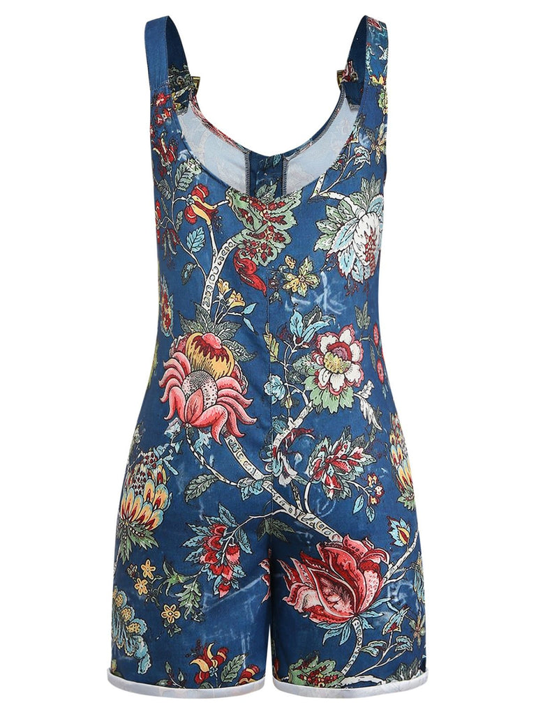 Combishort Boho Floral à Col Carré et Boutons Bleu Années 1970
