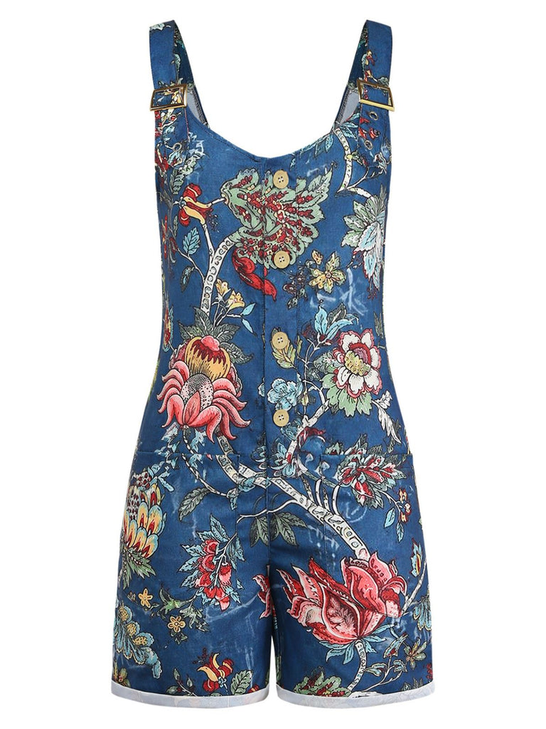 Combishort Boho Floral à Col Carré et Boutons Bleu Années 1970