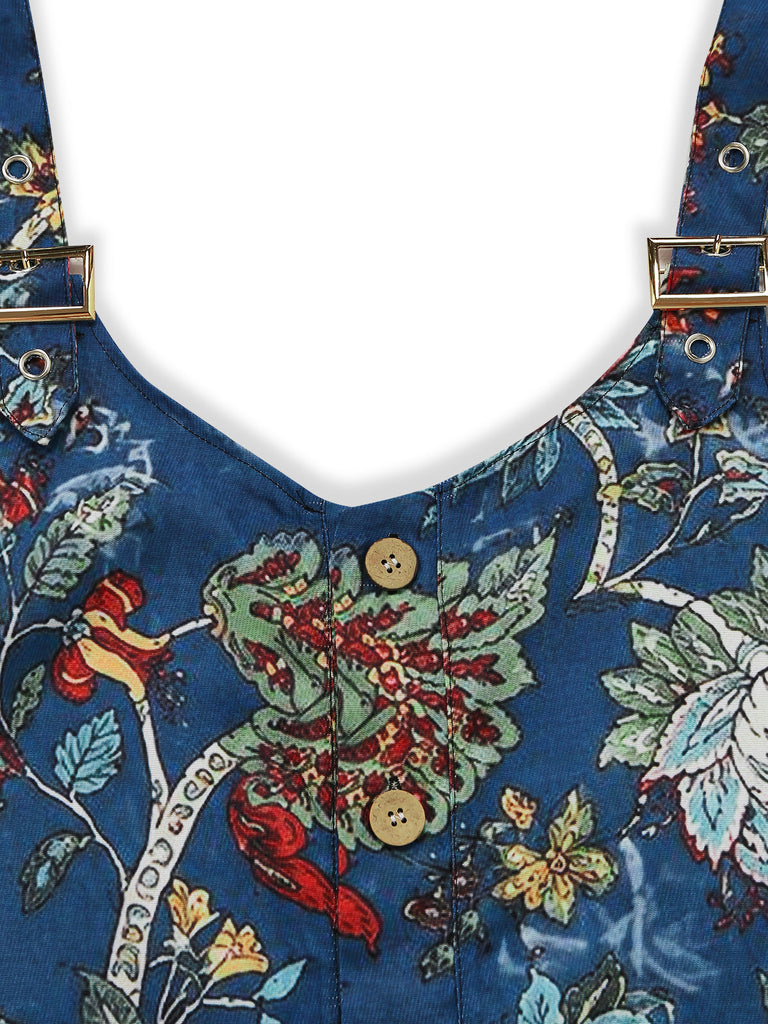 Combishort Boho Floral à Col Carré et Boutons Bleu Années 1970