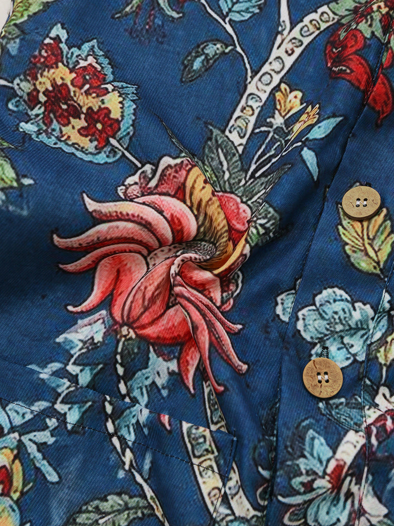 Combishort Boho Floral à Col Carré et Boutons Bleu Années 1970