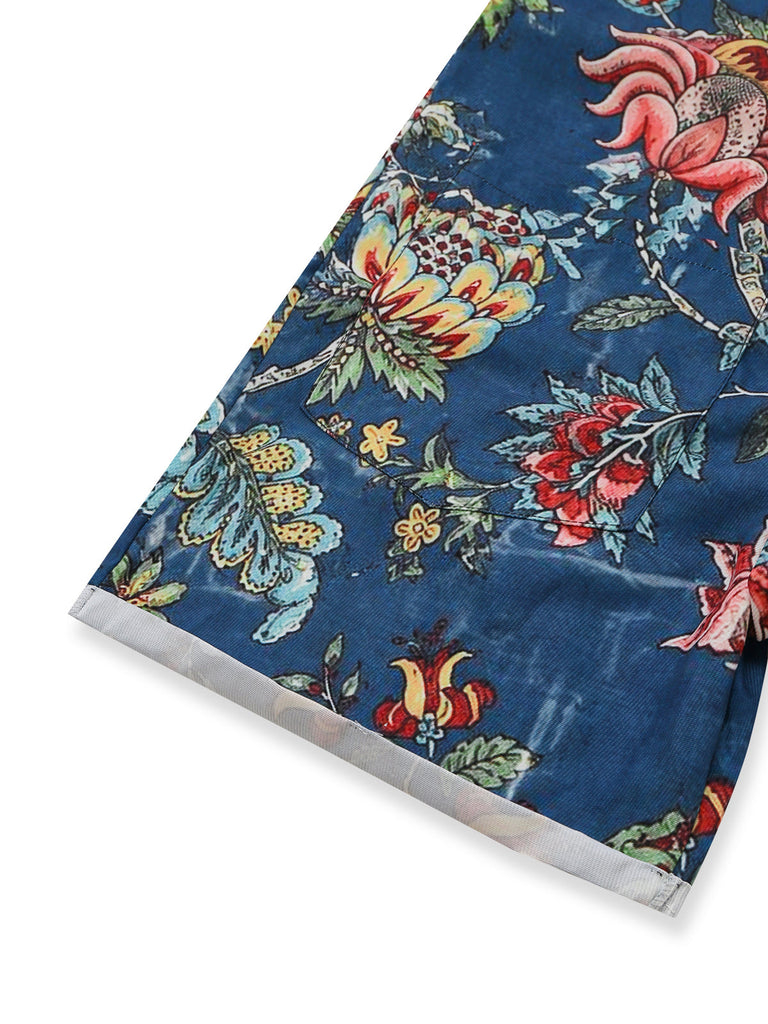 Combishort Boho Floral à Col Carré et Boutons Bleu Années 1970