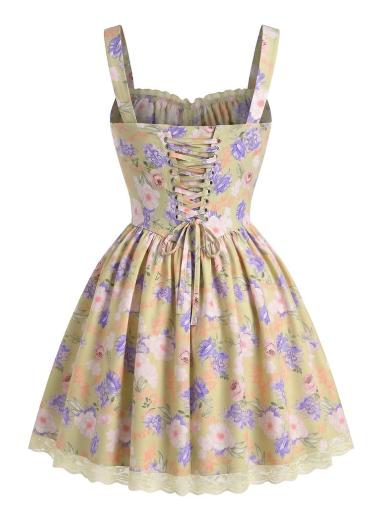 Mini-robe jaune patchwork floral et dentelle années 1950