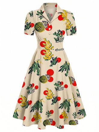 [Prévente] Robe Évasée Col à Manches Courtes Imprimé Cactus Années 1950