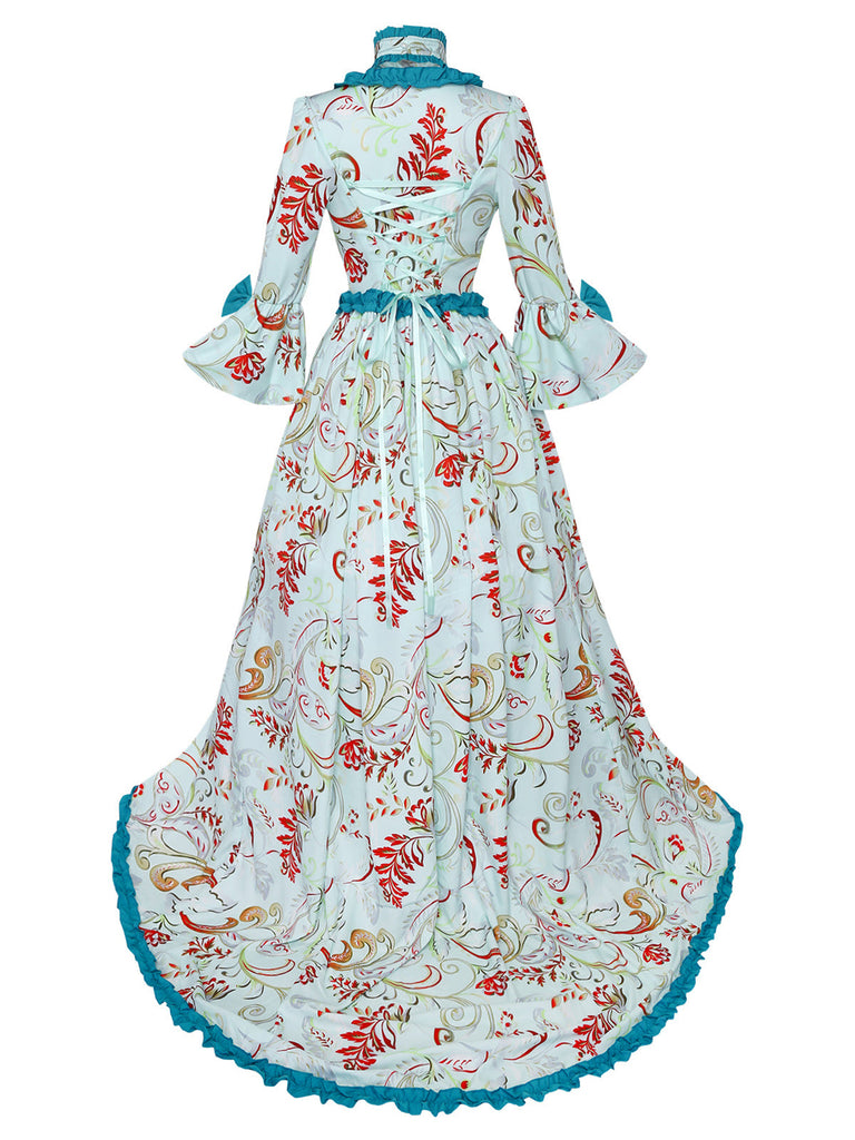 Robe bleue rococo à fleurs, manches cloche et volants années 1970