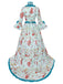 Robe bleue rococo à fleurs, manches cloche et volants années 1970