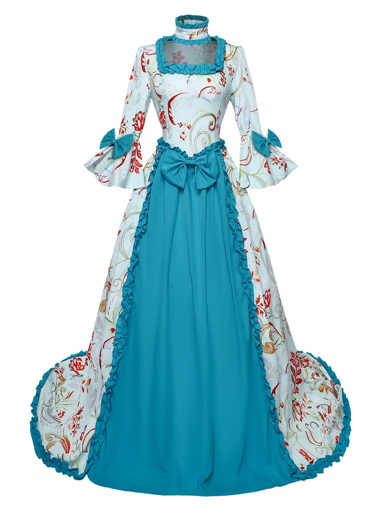 Robe bleue rococo à fleurs, manches cloche et volants années 1970