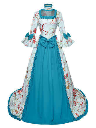 Robe bleue rococo à fleurs, manches cloche et volants années 1970