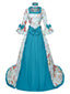 Robe bleue rococo à fleurs manches cloche et volants années 1970