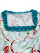 Robe bleue rococo à fleurs, manches cloche et volants années 1970