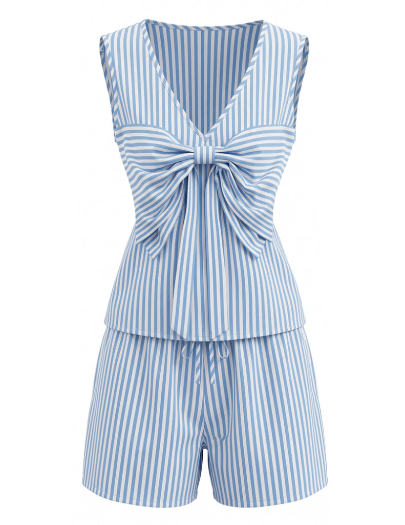 Ensemble 2 Pièces Top Nœud & Short Rayé Bleu Années 40