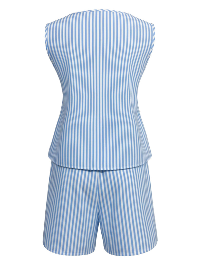 Ensemble 2 Pièces Top Nœud & Short Rayé Bleu Années 40