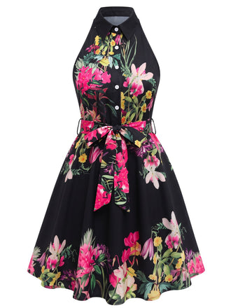 Robe-chemise fleurie à col halter et taille nouée années 1950 - 7