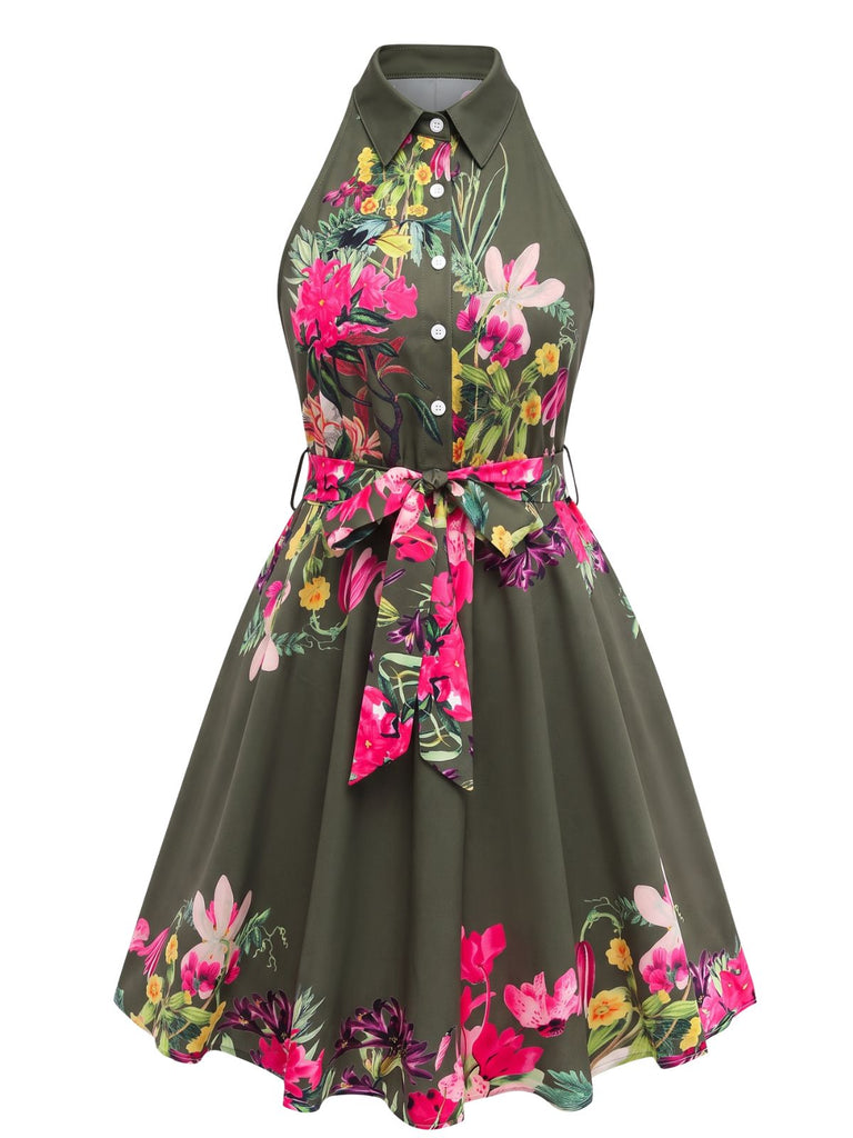 Robe-chemise fleurie à col halter et taille nouée années 1950 - 9