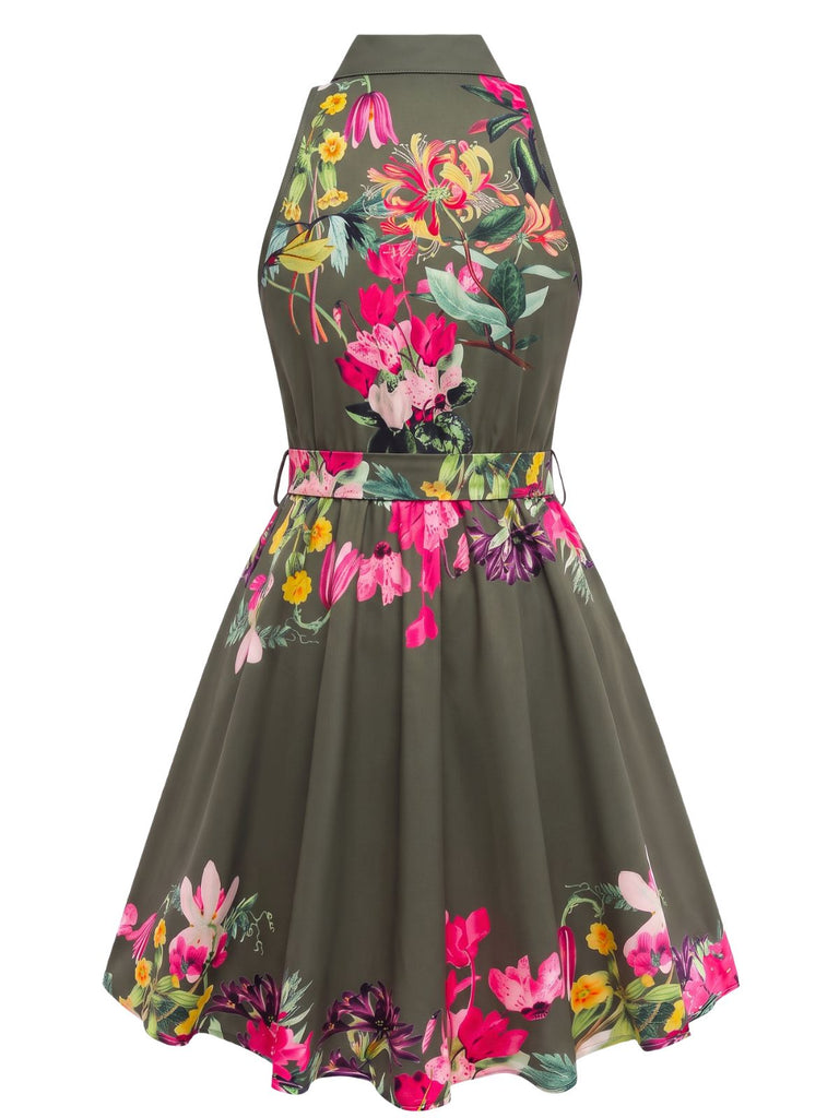 Robe-chemise fleurie à col halter et taille nouée années 1950 - 10