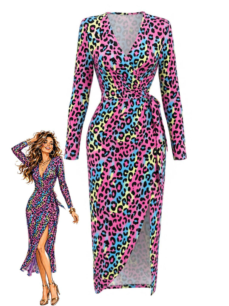 [Prévente] Robe portefeuille multicolore en maille à imprimé léopard néon années 1980