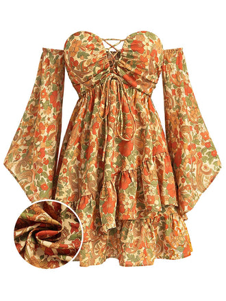 [Prévente] Robe Floral Dentelle Foncé Évasé Manche Bohème Mini Jaune Années 1970 2