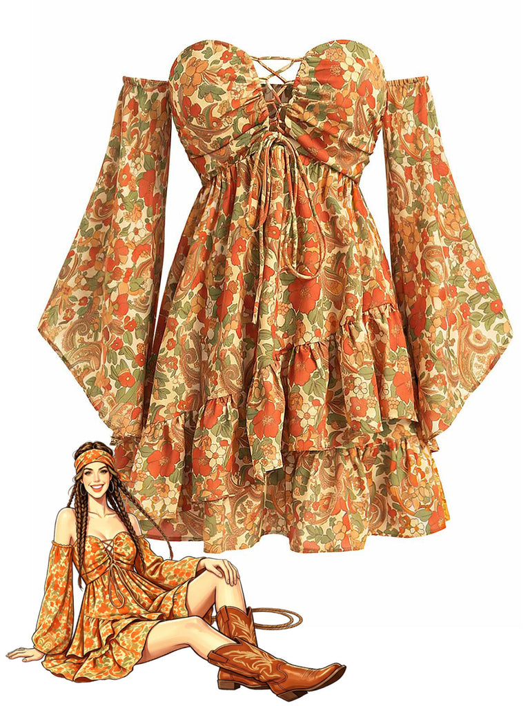 [Prévente] Robe Floral Dentelle Foncé Évasé Manche Bohème Mini Jaune Années 1970