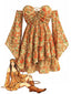 [Prévente] Robe bohème jaune dentelle florale manches évasées et laçage années 70