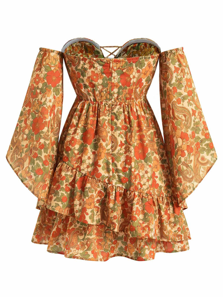 [Prévente] Robe Floral Dentelle Foncé Évasé Manche Bohème Mini Jaune Années 1970 5