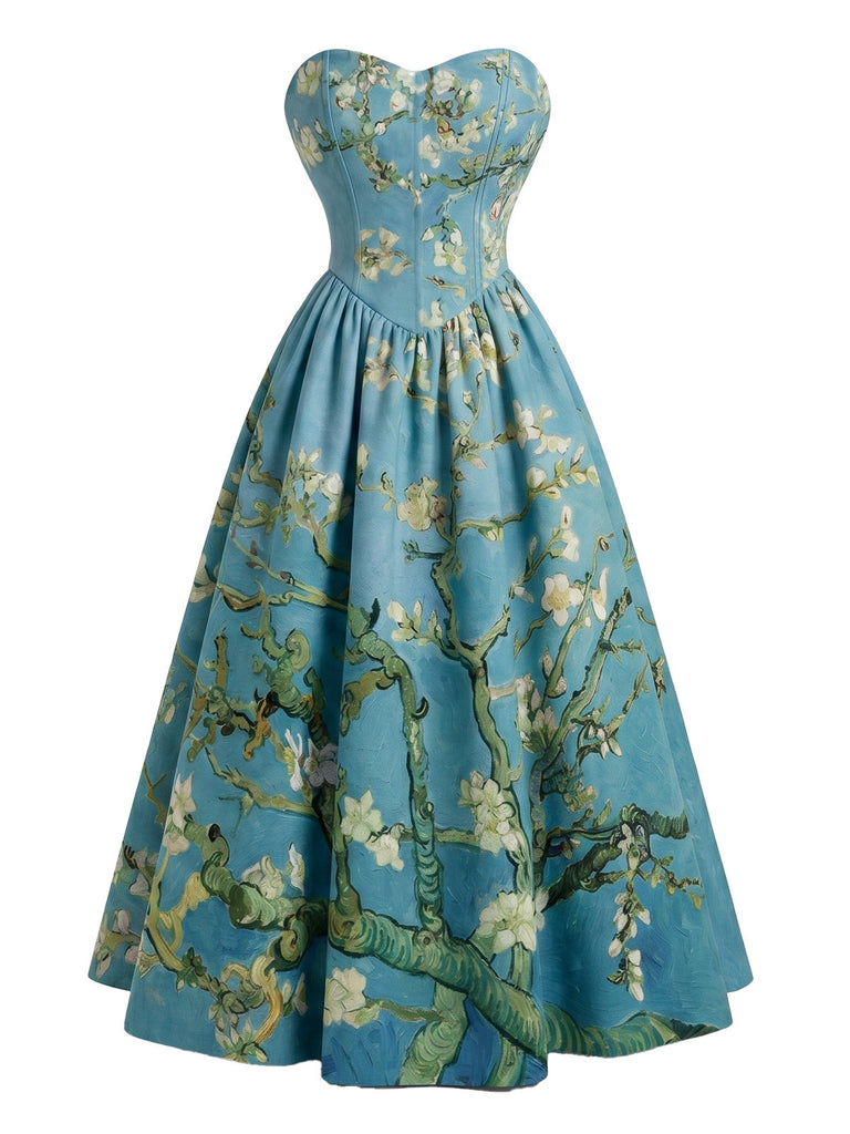 [Prévente] Robe bleue sans bretelles motif fleurs d'amandier et décolleté cœur années 50