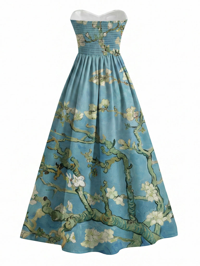 [Prévente] Robe bleue sans bretelles motif fleurs d'amandier et décolleté cœur années 50