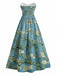 [Prévente] Robe bleue sans bretelles motif fleurs d'amandier et décolleté cœur années 50