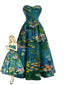 [Prévente] Robe bustier bleue motif nénuphars et décolleté cœur années 50